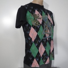 Christian Audigier SMALL Shirt Argyle Pink Green Gold Foil Ink Vintage LA