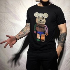 New Fashion Hot Drill Bear Rhinestones Trend Cotton Summer Luxury Men T-Shirt