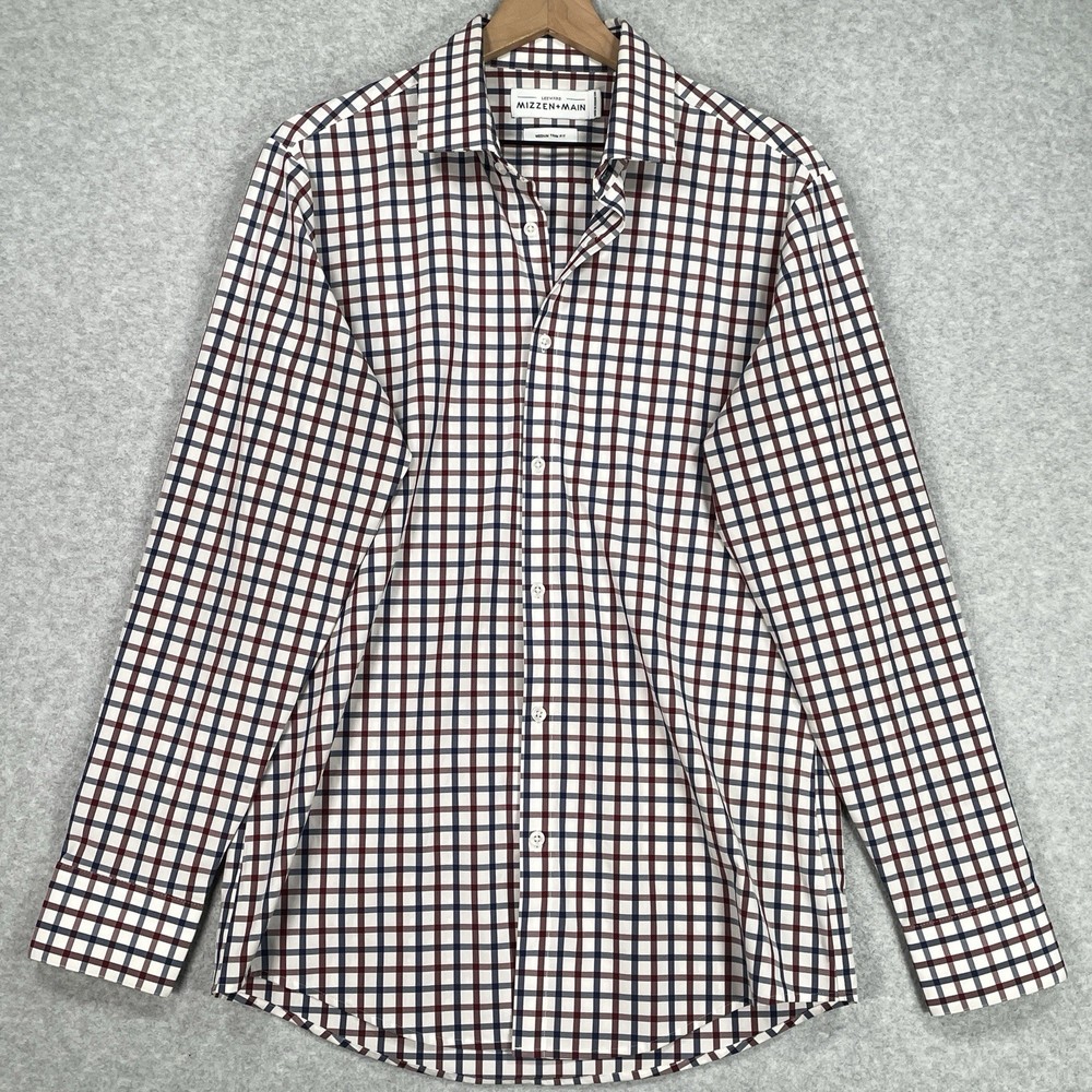 Mizzen Main Shirt M Trim Fit White Check Stretch Performance Long Sleeve Button