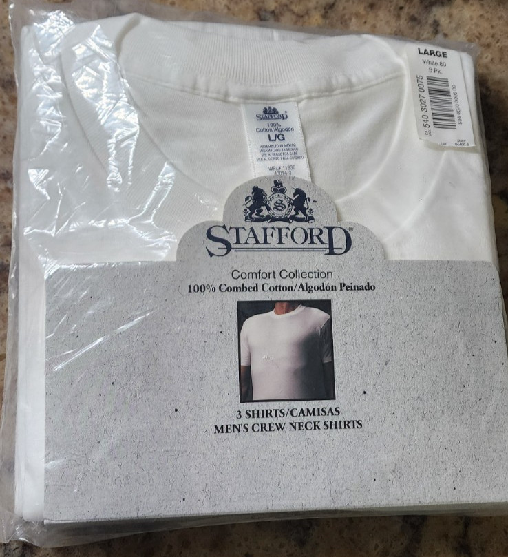 Stafford Men’s Sz LG Comfort Collection Crew Neck Cotton Shirts White 3 Pack Vtg