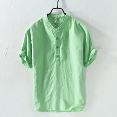 Men’s Linen Short Sleeve T-Shirt Pure Color Breathable Casual Shirt Lightweight