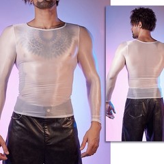Sexy Lingerie Men’s Oil Shiny Long Sleeve Sheer Tights O Neck Top Shirt