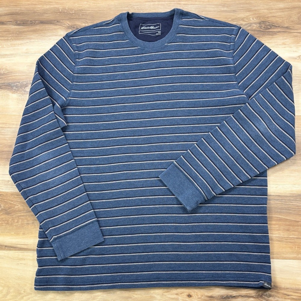 Eddie Bauer Thermal Shirt Men XL Heritage Cotton Blend Waffle Knit Blue Striped