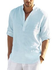Men’s Cotton Hemp Long Sleeve Casual Beach Henley Shirt(Blue,3XL)