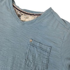 Free Planet Mens V-Neck Pocket Tee Faded Blue Slub Knit 100% Cotton Large