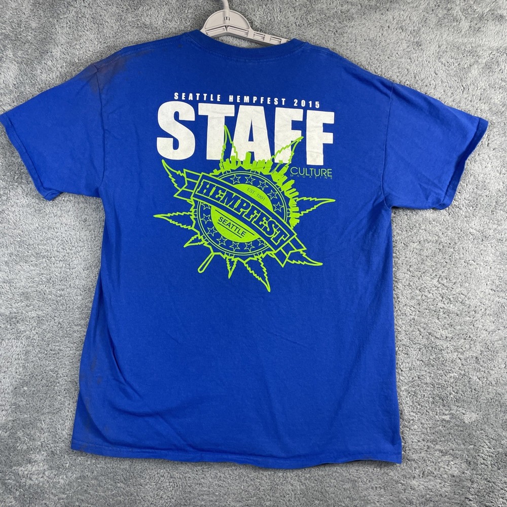 Seattle HempFest T Shirt Men Large Blue Staff 2015 SS Distressed Pot Leaf Grunge
