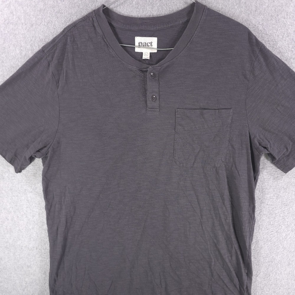 Pact Organic Cotton Gray Short Sleeve 2 Button Pocket Henley Shirt Mens Large