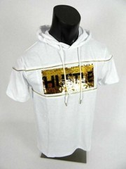 Mens Hoodie T-Shirt Reverse Gold Sequins Logo White Slim Fit Hip Hop M L XL XXL