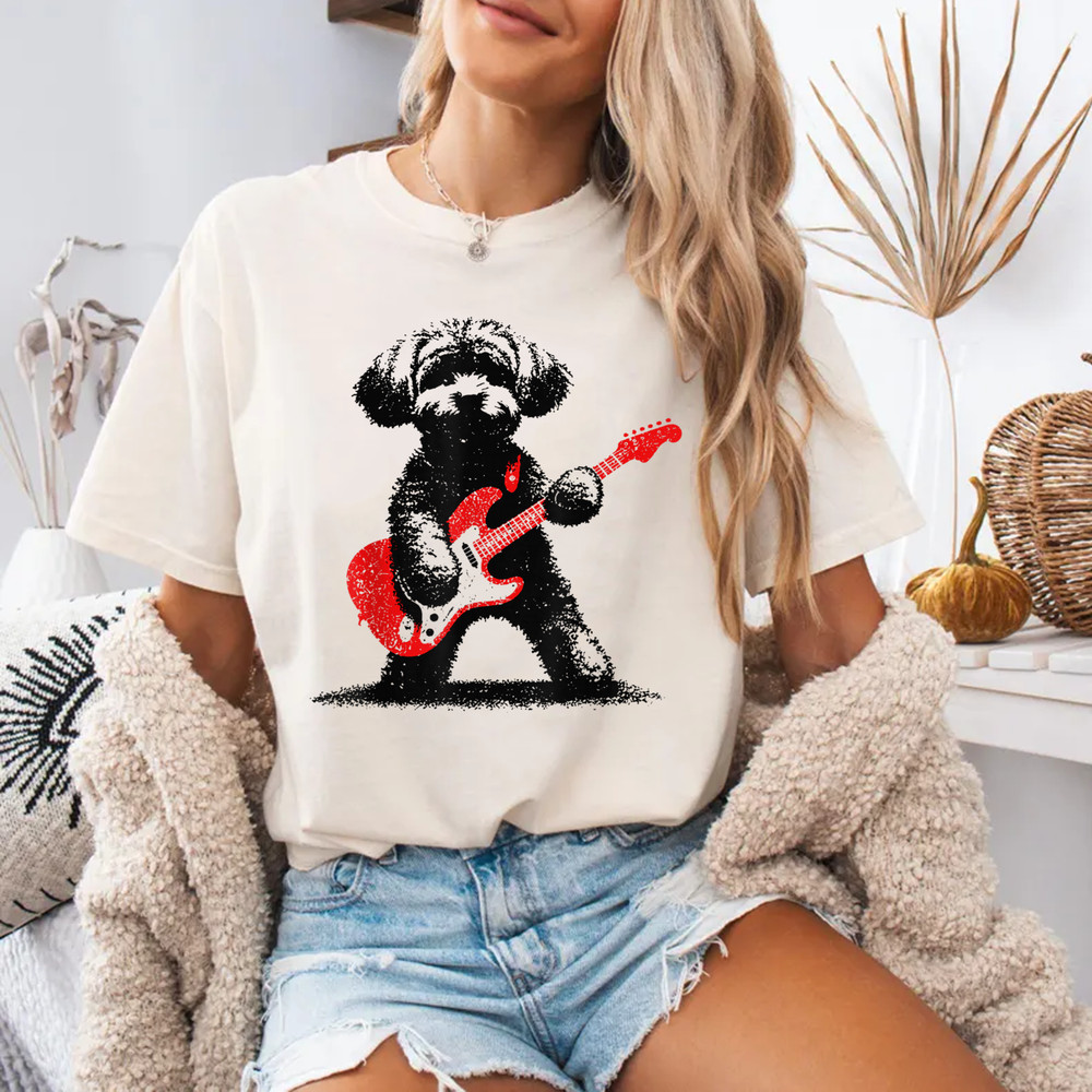 Funny Rock Maltipoo Dog Playing Guitar Music Lover Dog T-Shirt