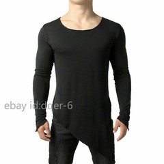 Mens Asymmetric Slit Hem Summer T-shirt Top Tee Long Sleeve Pullover Shirt Hot