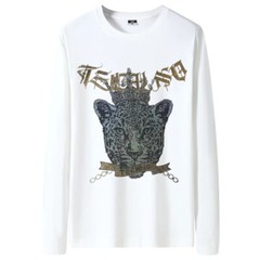 Fashion Leopard Rhinestones Diamond Long Sleeve Luxury Men Trend Cotton T-Shirt