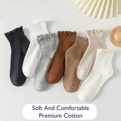 Cute Ruffle Ankle Socks for Women – Casual Turn-Cuff, 6 Pairs Mixed Colors