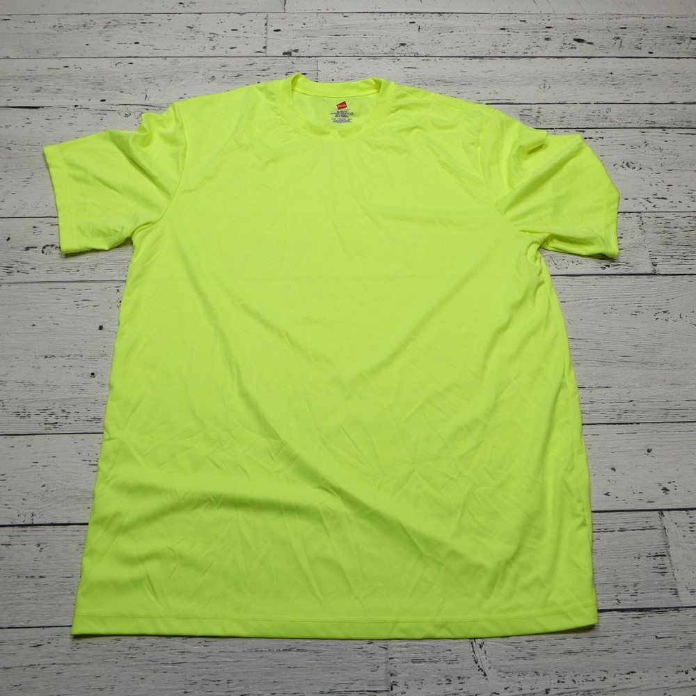 Hanes Cool Dri Shirt Mens XL Hi Vis Neon Yellow Short Sleeve Work