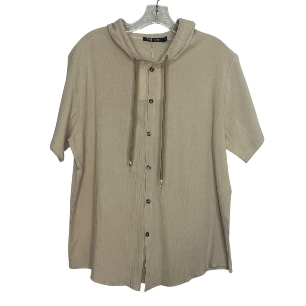 Lingt Chic Hooded Button Up Shirt Small Beige New Short Sleeves Lightweight