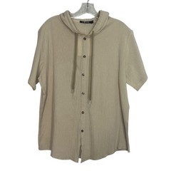 Lingt Chic Hooded Button Up Shirt Small Beige New Short Sleeves Lightweight