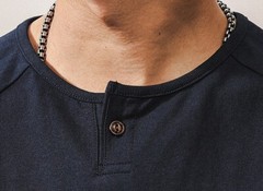 American retro T-shirt men short-sleeved summer Henry collar Navy blue