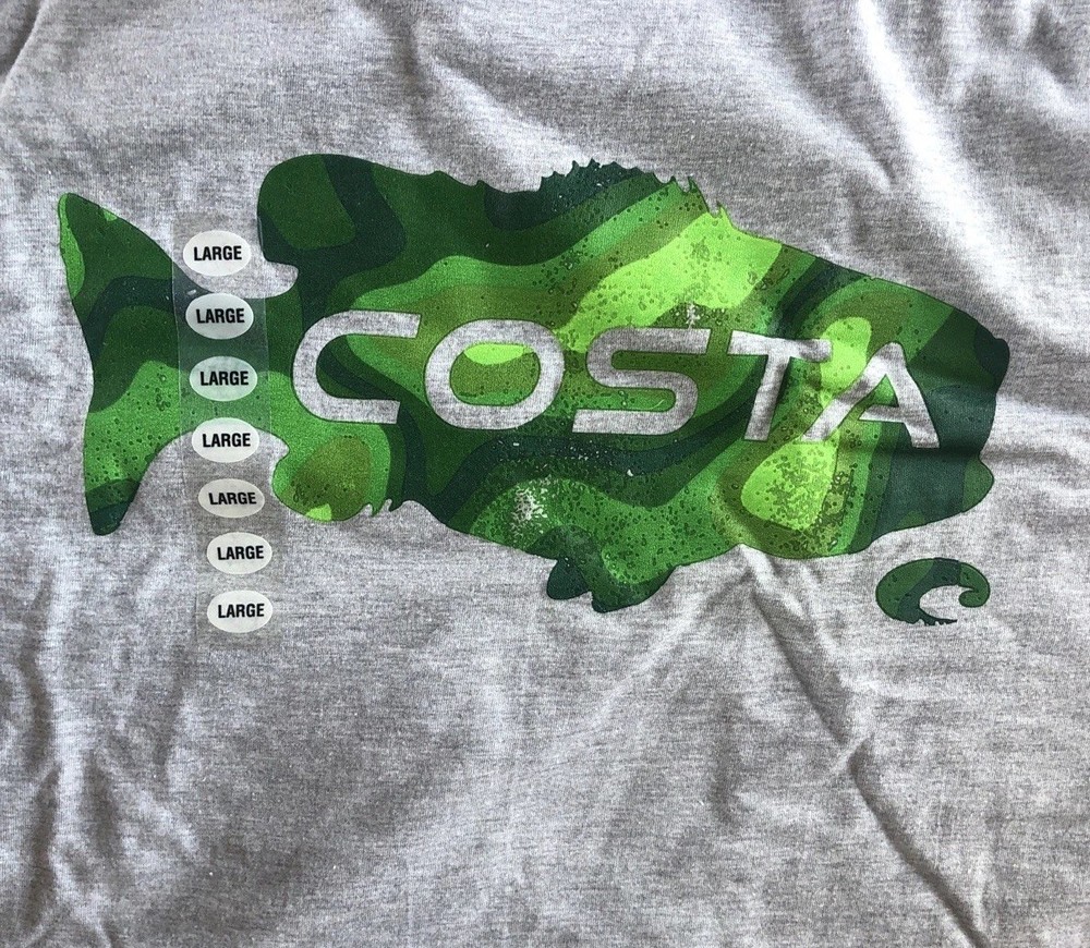New Costa Del Mar T Shirt Gray Short Sleeve Green Fish Camo Men Large