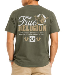 True Religion Mens T Shirt Medium Olive Green Raised Graphic Buddha Logo Tee NWT