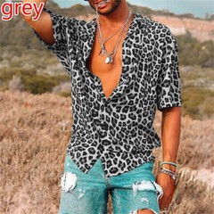 Men’s Leopard Print Shirt Casual Slim Shirts Short Sleeve Button Down Top Blouse
