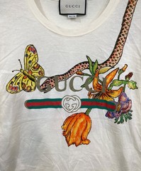 GUCCI Distressed Snake Flora Vintage Logo T-Shirt Ivory Cotton Italy Size S
