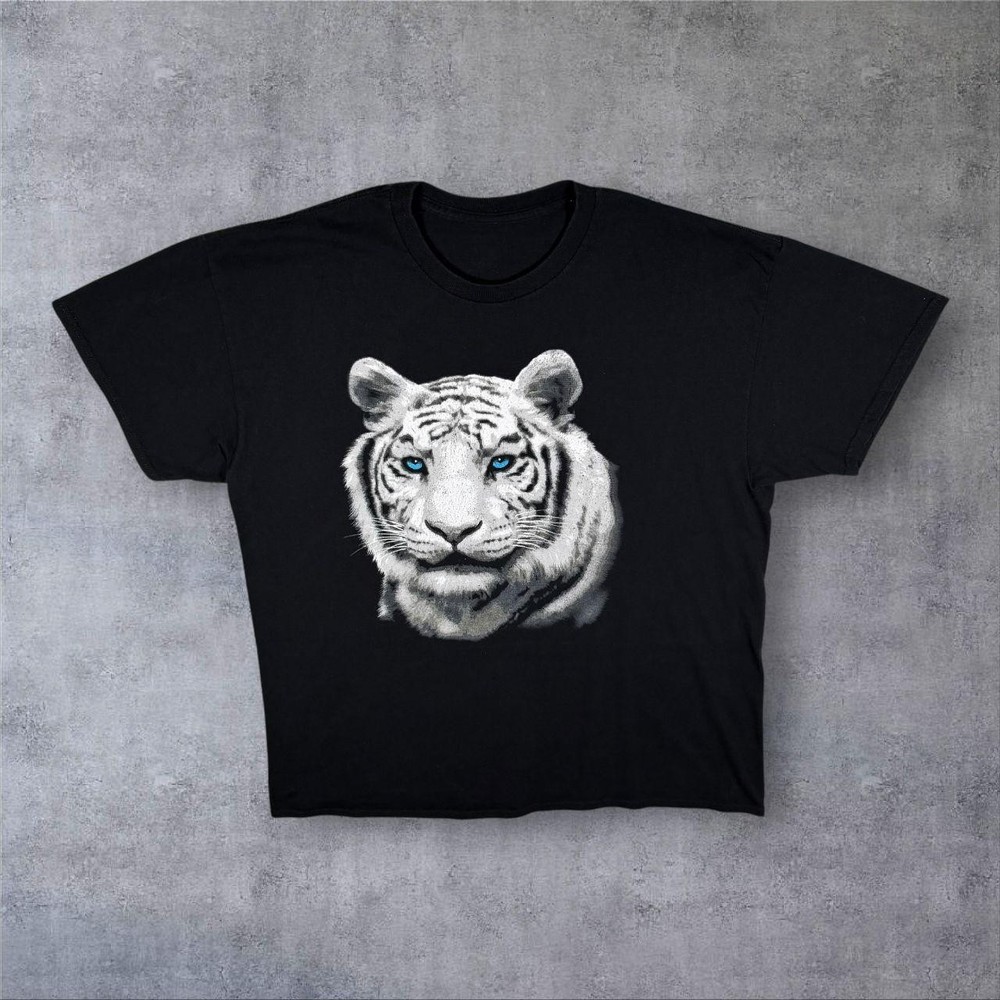 White Tiger Animal Nature Wildlife Graphic Black Cotton T-Shirt XL