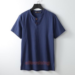 Men’s Stand-up Collar Short Sleeve Cotton Hemp Summer T-shirt Loose Linen V-neck