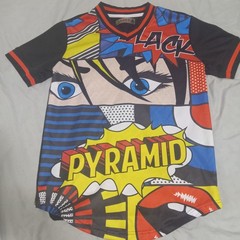 Black Pyramid Size M Short Sleeve Shirt Bold Colorful Graphic Comic Long Length