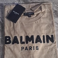Balmain Paris Men’s Beige Logo Crew Neck Cotton Jersey T-Shirt, Size S