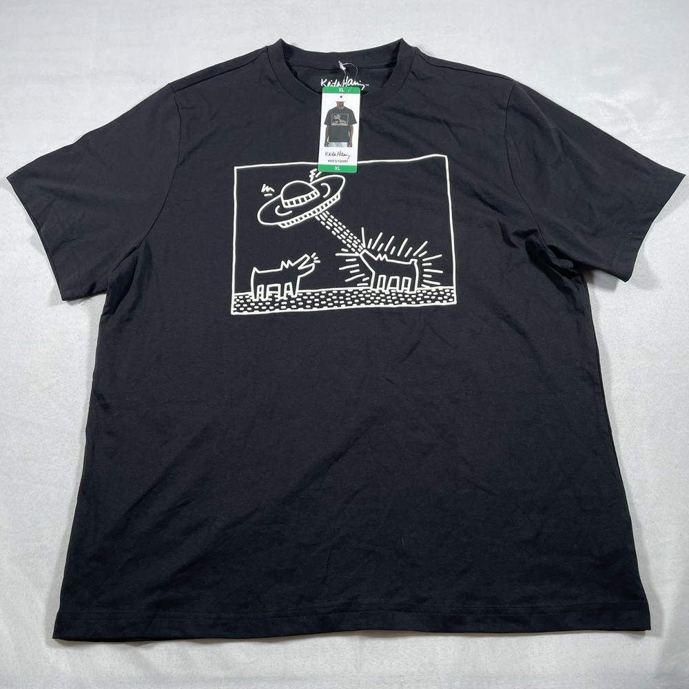 Keith Haring Tee Shirt UFO And Dogs Art Work Graphics Mens Casual Apparel XL