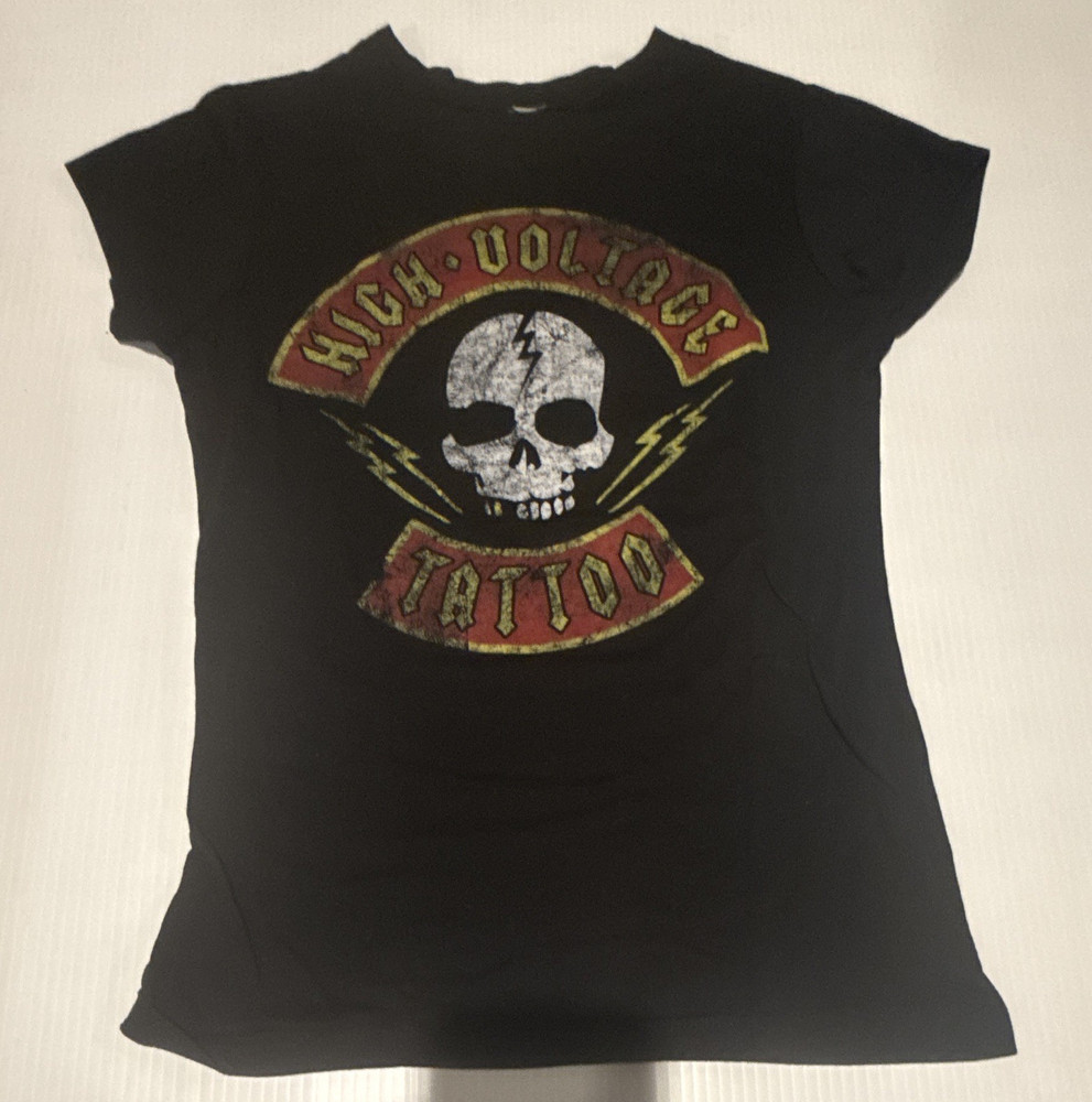 Kat Von D High Voltage Tattoo Black Skull Graphic Logo Crew Neck T-Shirt M