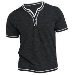 New Cotton Small V-neck Short Sleeve T-shirts Men’s Casual Henley Collar Shirt C
