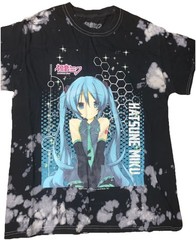 Hatsune Miku Black Bleach Wash Graphic T-Shirt Short Sleeve Crew Neck