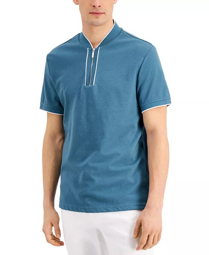 INC Men’s Regular-Fit Ottoman Stripe Baseball-Collar Shirt in Dusty Teal-XS