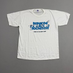 Vintage Russell Athletic Repaired in Rochester Shirt Large White 1988 Paper Thin