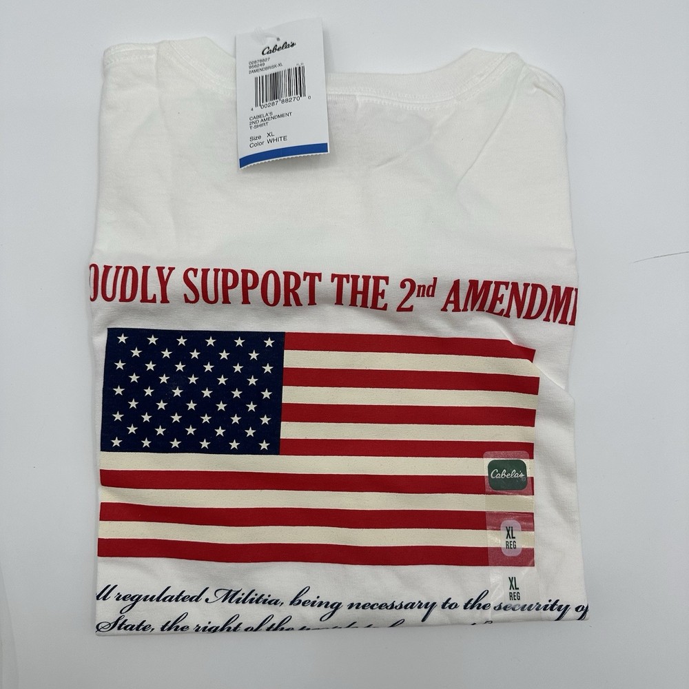VTG Cabela’s Men’s XL USA Flag 2nd Amendment Graphic T-Shirt White Patriotic NWT