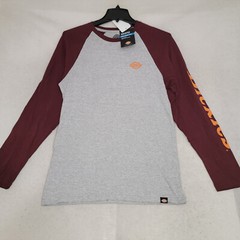 DICKIES Baseball Shirt Mens MEDIUM BURGANDY GRAY Long Sleeve Graphic logo NWT