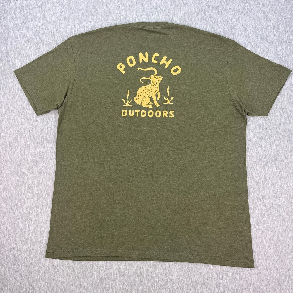 Poncho Outdoors T-Shirt Mens 2XL Heather Olive Green Bobcat Snake Logo Tee