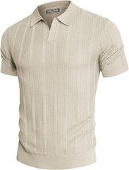 Mens V-Neck Knit Polo Shirt Textured Lightweight Breathable Summer Casual Top
