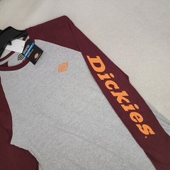 DICKIES Baseball Shirt Mens MEDIUM BURGANDY GRAY Long Sleeve Graphic logo NWT