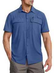 Mens Fishing Shirt Cool Hiking Button Up Quick Dry Short Sleeve UPF50+ Sun Shirt