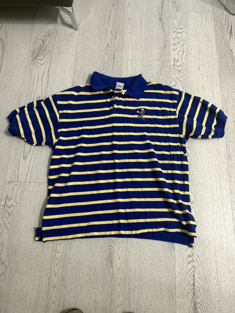Vintage 90s Disney Store Goofy Embroidered Blue Yellow Striped Polo Tee Size XL