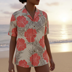 Mens Hawaiian Aloha Shirt Coral Hibiscus Flower Tropical Beach Cruise Party