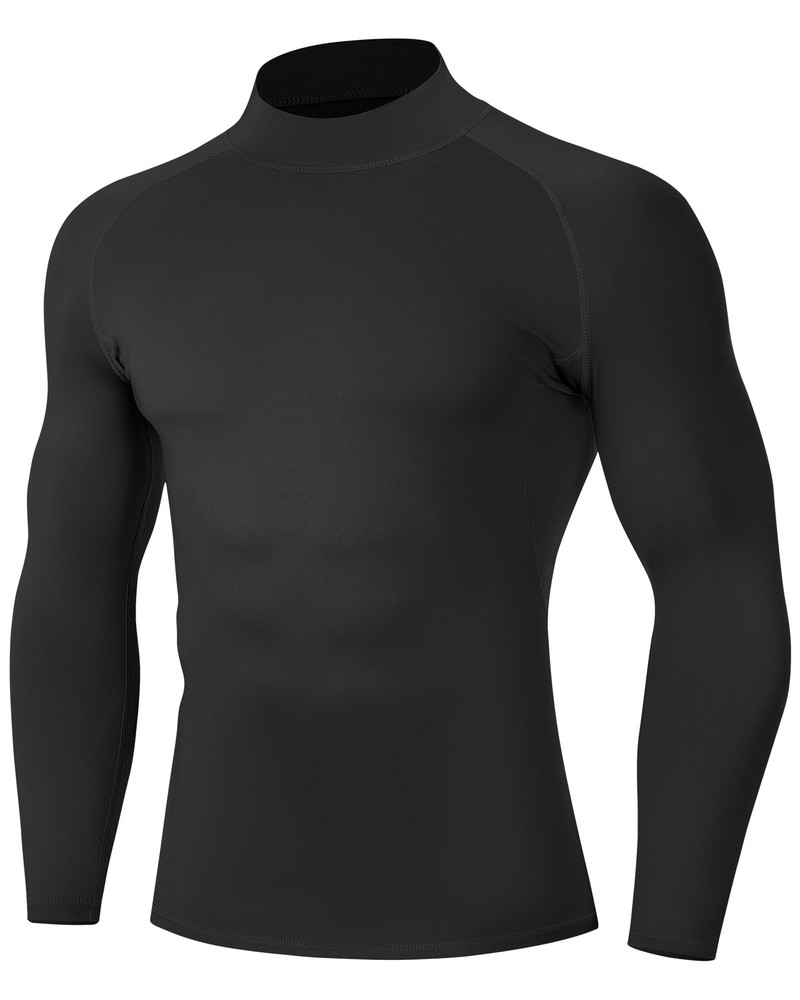 Black Compression Shirt Men Long Sleeve Turtleneck Workout Tops Athletic Spor…