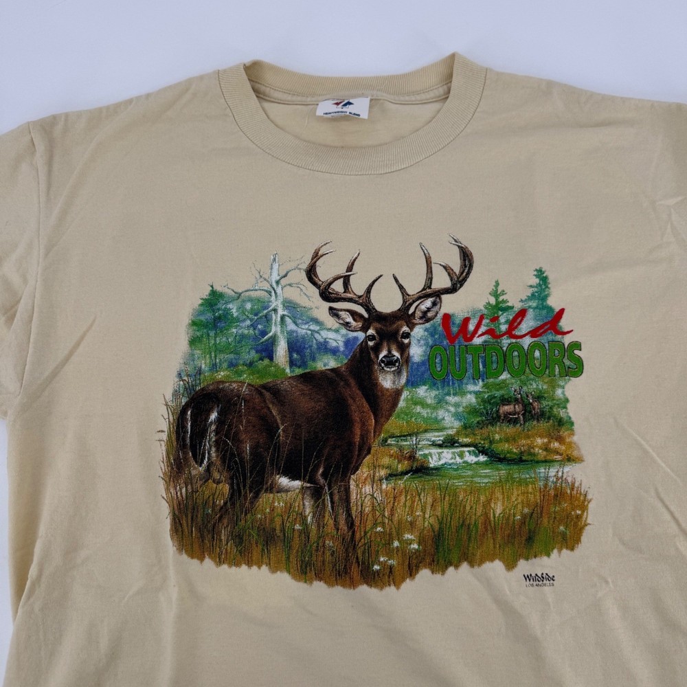 Jerzees Mens Wild Outdoors Deer Graphic T-Shirt Tan Large Heavyweight Blend