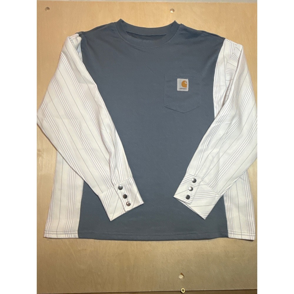Carhartt Reconstructed Custom Mixed Media Long Sleeve Pocket T-Shirt Blue Mens L