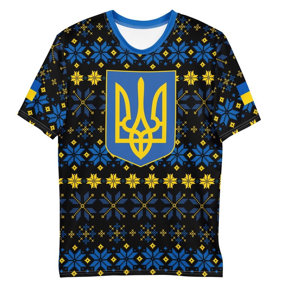 Ukraine Folk Art Pattern Men’s AOP T-Shirt, Trident & Flag Design