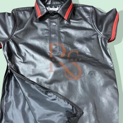 Men’s Leather T-Shirt Black Leather Shirt Red Lines Style Real Lambskin Leather