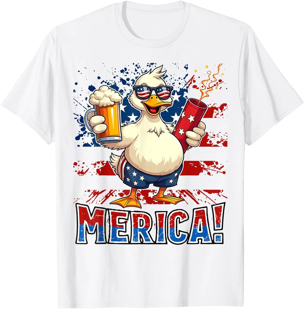 Funny Duck Merica Fireworks 4th Of July Drinking Unisex T-Shirt