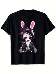 Men’s Gothic Bunny Anime Girl T-Shirt – Cute E-Girl Grunge Style, Black Cotton T