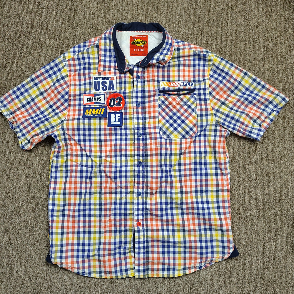 BORN FLY Shirt Men XL Plaid Short Sleeve Button Up Tide Detergent Parody Y2K